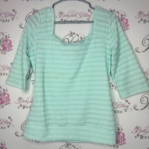 Tropical summer top 3d ruffle frilly square neckline stretchy aqua blue comfy